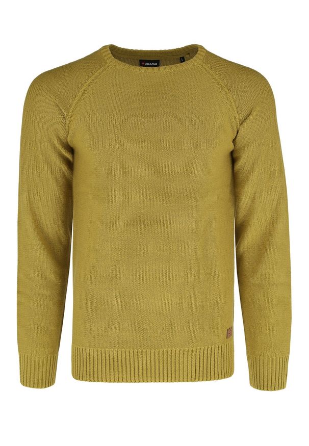 Volcano - Żółty sweter męski z bawełnianej dzianiny S-KIRK. Kolor: żółty. Materiał: bawełna, dzianina. Wzór: melanż, ze splotem. Styl: klasyczny