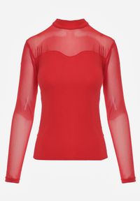 Renee - Czerwona Bluzka z Siateczkowym Dekoltem i Rękawami Lunesa. Okazja: na imprezę. Kolor: czerwony. Długość rękawa: na ramiączkach #3