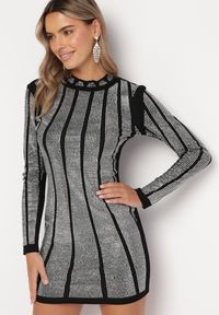Born2be - Czarno-Srebrna Dopasowana Sukienka Mini w Cyrkonie Upina. Kolor: czarny. Długość: mini #1