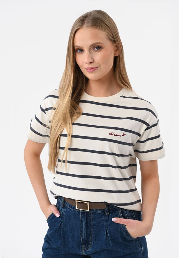 Volcano - Koszulka w paski T-PASSI. Okazja: na co dzień. Materiał: prążkowany, bawełna, materiał. Długość: krótkie. Wzór: paski. Sezon: lato. Styl: casual, elegancki, klasyczny