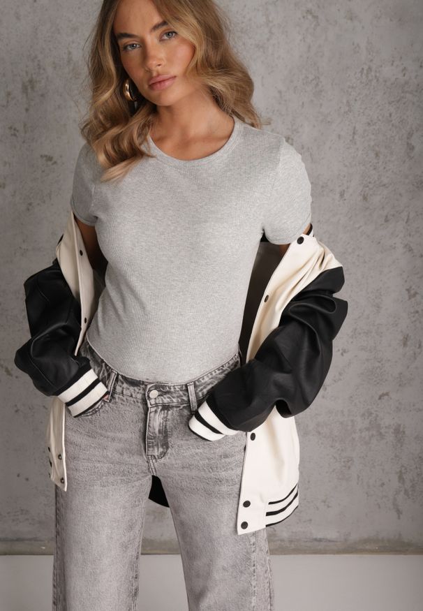 Renee - Szary Bawełniany T-shirt o Dopasowanym Kroju z Prążkowanego Materiału Lailya. Kolor: szary. Materiał: bawełna, prążkowany, materiał. Styl: elegancki