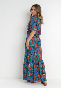 Born2be - Niebiesko-Zielona Sukienka z Wiskozy Cliera. Okazja: na imprezę. Kolor: niebieski. Materiał: wiskoza. Wzór: aplikacja, kolorowy, kwiaty. Sezon: lato. Typ sukienki: kopertowe. Styl: elegancki, retro. Długość: maxi #2