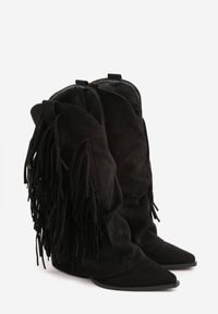 Born2be - Czarne Botki Typu Kowbojki na Obcasie z Wywiniętą Cholewką i Frędzlami Uemiris. Okazja: na co dzień. Kolor: czarny. Materiał: skóra, jeans. Szerokość cholewki: normalna. Wzór: gładki. Obcas: na obcasie. Styl: casual. Wysokość obcasa: średni #7