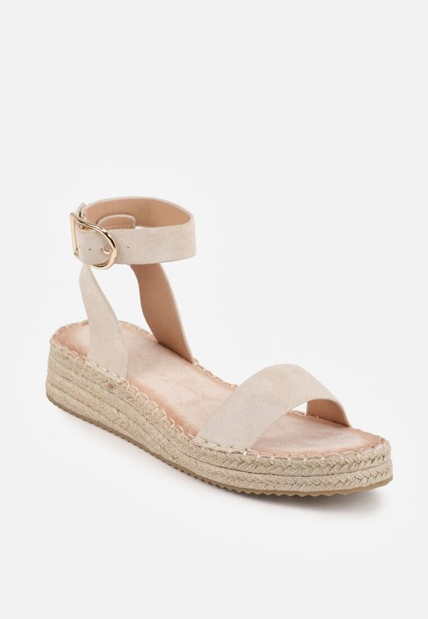 Renee - Beżowe Sandały VICES na Plecionej Platformie z Paskiem Wokół Kostki Daphelsa. Zapięcie: pasek. Kolor: beżowy. Materiał: len. Sezon: lato. Obcas: na platformie