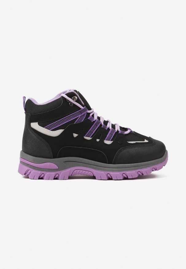 Born2be - Czarno-Fioletowe Sznurowane Buty Trekkingowe Traperki Vices na Grubej Podeszwie Afertie. Wysokość cholewki: za kostkę. Kolor: czarny. Materiał: jeans. Szerokość cholewki: normalna. Styl: klasyczny, sportowy