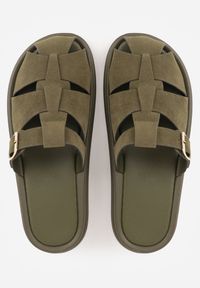 Renee - Zielone Klapki z Zakrytym Noskiem i Ozdobnymi Paskami z Klamerką Themine. Kolor: zielony. Materiał: nubuk, koronka. Sezon: lato #8