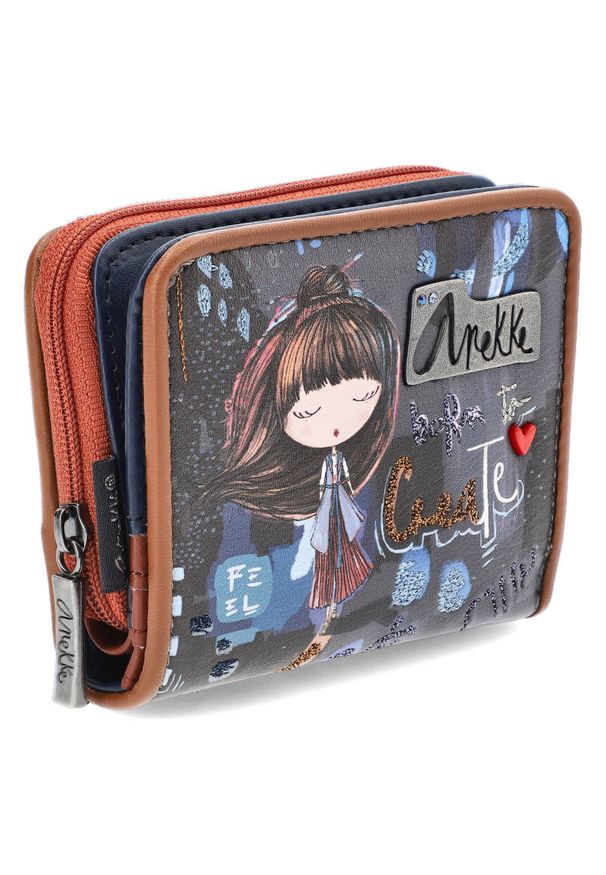 Granatowy Stylowy Portfel Damski Anekke. Kolor: niebieski. Materiał: materiał, skóra ekologiczna. Wzór: aplikacja