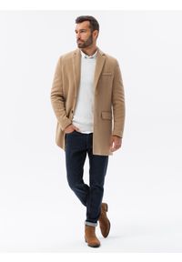 Ombre Clothing - Płaszcz męski klasyczny jednorzędowy - piaskowy V2 - Rozmiar: XXL. Kolor: żółty. Materiał: poliester. Sezon: wiosna. Styl: klasyczny
