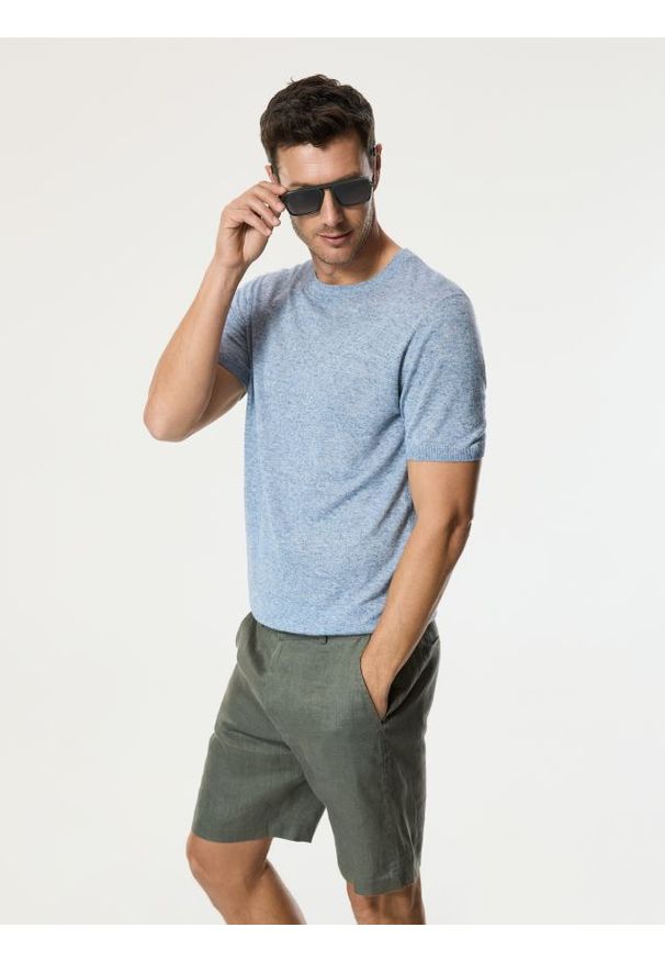 Reserved - T-shirt regular z lnem - niebieski. Kolor: niebieski. Materiał: len