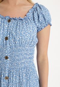 Born2be - Niebieska Bawełniana Sukienka w Drobne Kwiaty z Gumkami w Talii Fielita. Kolor: niebieski. Materiał: bawełna. Długość rękawa: krótki rękaw. Wzór: kwiaty. Sezon: lato. Styl: elegancki #6