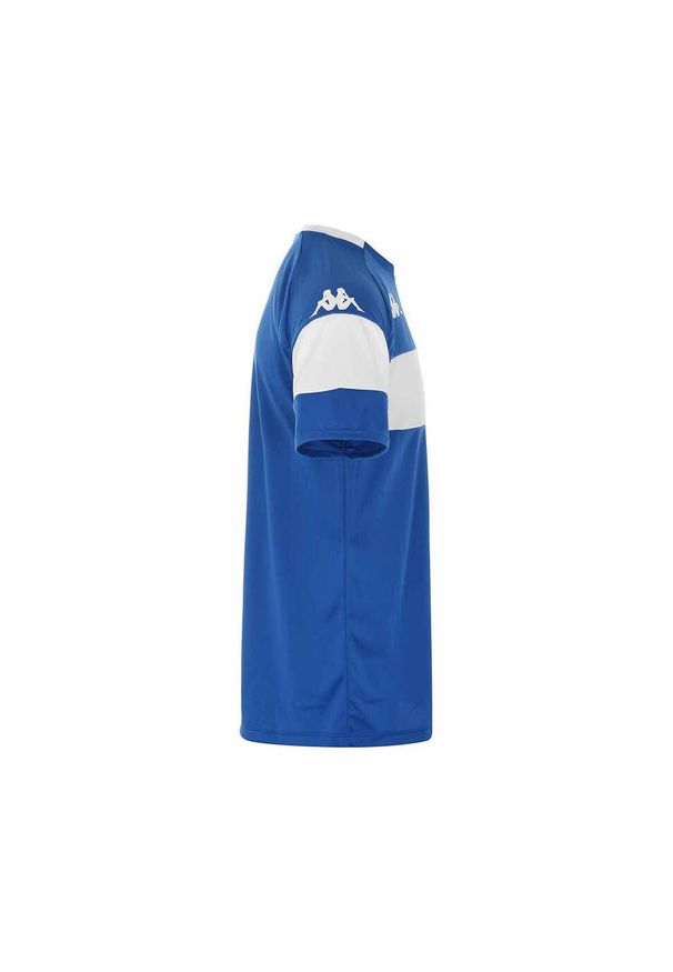Koszulka dla dzieci Kappa Dareto. Kolor: wielokolorowy, niebieski, biały. Materiał: materiał. Długość rękawa: krótki rękaw. Długość: krótkie. Wzór: kolorowy, paski. Sport: piłka nożna