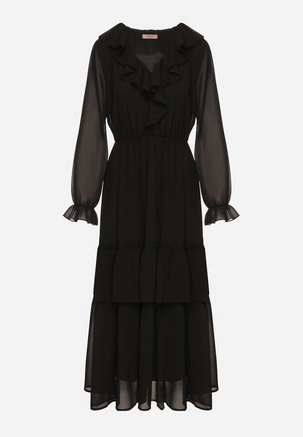 Born2be - Czarna Siateczkowa Sukienka VICES o Rozkloszowanym Kroju z Falbanami Arevite. Typ kołnierza: dekolt w kształcie V. Kolor: czarny. Typ sukienki: rozkloszowane. Styl: klasyczny