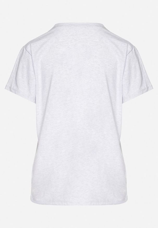 Born2be - Jasnoszary T-shirt z Bawełny Ozdobiony Napisem i Cyrkoniami Olireth. Okazja: na co dzień. Kolor: szary. Materiał: bawełna. Wzór: napisy, aplikacja. Styl: elegancki, casual