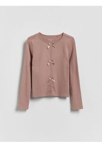 Reserved - Koszulka z kokardkami - beżowy. Typ kołnierza: kokarda. Kolor: beżowy. Materiał: bawełna #1