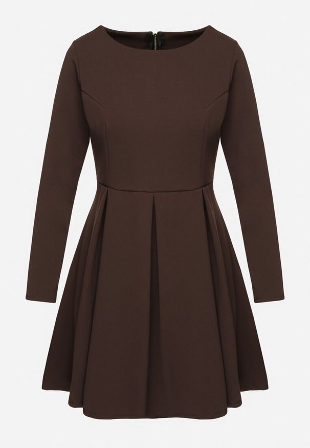 Born2be - Brązowa Elegancka Sukienka o Rozkloszowanym Kroju Temitonia. Kolor: brązowy. Długość rękawa: długi rękaw. Styl: elegancki