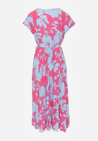 Renee - Różowo-Niebieska Kopertowa Plisowana Sukienka Koktajlowa z Gumką i Paskiem w Talii Benelsea. Typ kołnierza: dekolt w kształcie V. Kolor: różowy. Materiał: materiał. Typ sukienki: kopertowe. Styl: wizytowy #7