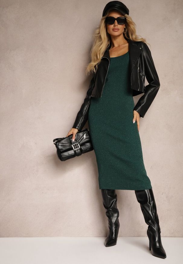 Renee - Ciemnozielona Elastyczna Sukienka Dopasowana z Metaliczną Nicią Neremia. Okazja: na co dzień. Kolor: zielony. Materiał: materiał. Styl: klasyczny, casual