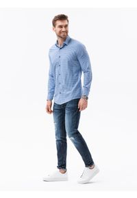 Ombre Clothing - Koszula męska w drobną kratę REGULAR FIT K622 - niebieska - XL. Okazja: na co dzień. Kolor: niebieski. Materiał: poliester, bawełna. Długość rękawa: długi rękaw. Długość: długie. Styl: casual, klasyczny