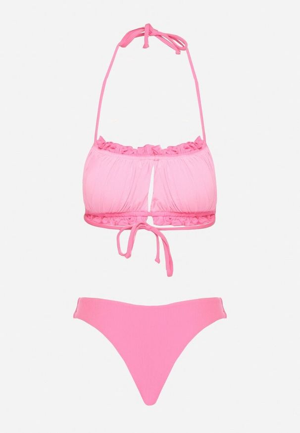 Born2be - Różowe Bikini Wiązany Biustonosz z Marszczeniem Majtki Typu Figi Folilisse. Kolor: różowy. Wzór: aplikacja