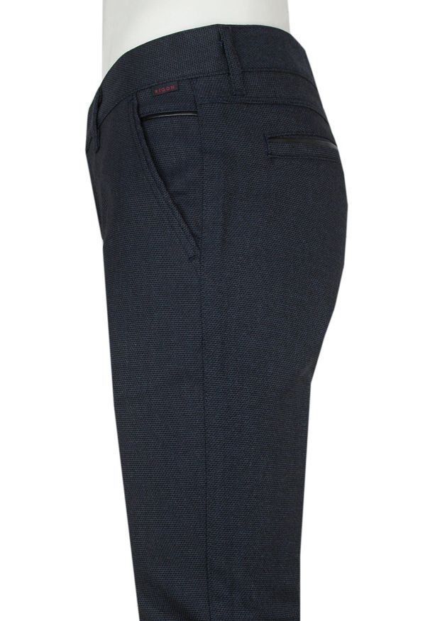 Rigon - Eleganckie Męskie Spodnie, Zwężane (Slim Fit) – RIGON - Grafit z Granatem. Materiał: elastan, poliester, wiskoza. Styl: elegancki