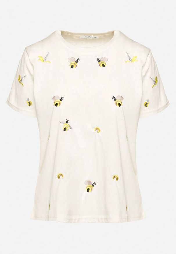 Born2be - Beżowy T-shirt z Bawełny Ozdobiony Haftem Hiraviel. Okazja: na co dzień. Kolor: beżowy. Materiał: bawełna. Wzór: aplikacja, haft. Styl: casual