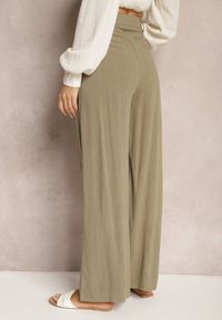 Renee - Ciemnozielone Szerokie Spodnie High Waist z Lnu i Wiskozy Apoises. Okazja: na co dzień. Stan: podwyższony. Kolor: zielony. Materiał: wiskoza, len. Długość: długie. Sezon: lato. Styl: casual, elegancki
