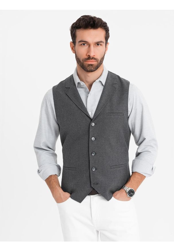 Ombre Clothing - Kamizelka męska garniturowa z kołnierzem - grafitowa V2. Kolor: szary. Materiał: poliester