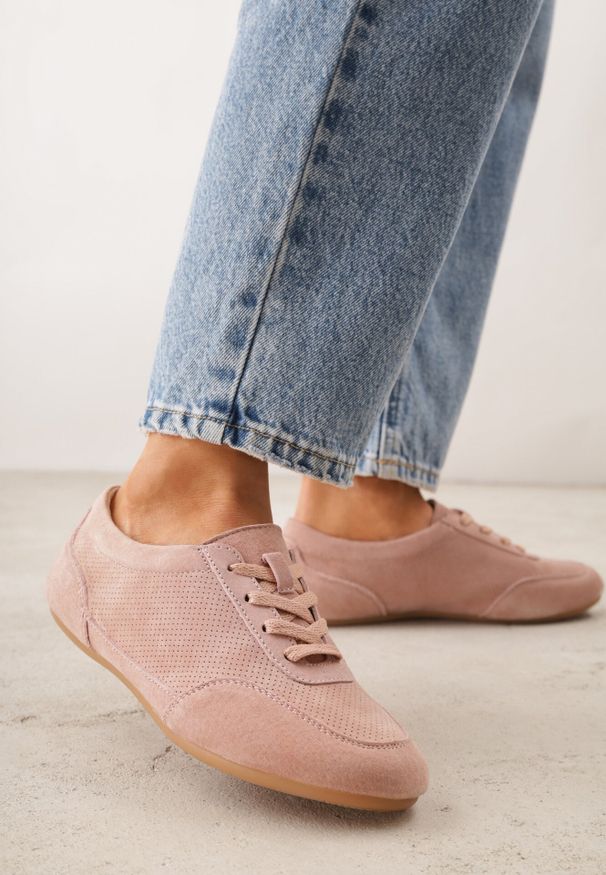 Born2be - Różowe Perforowane Sneakersy z Zamszu Naturalnego ze Skórzaną Wkładką Mezlea. Okazja: do pracy, na co dzień. Kolor: różowy. Materiał: skóra, zamsz