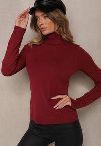 Renee - Bordowy Casualowy Golf z Wiskozą i Modalem Lannetora. Okazja: na co dzień. Typ kołnierza: golf. Kolor: czerwony. Materiał: wiskoza. Wzór: aplikacja, gładki. Styl: casual #3