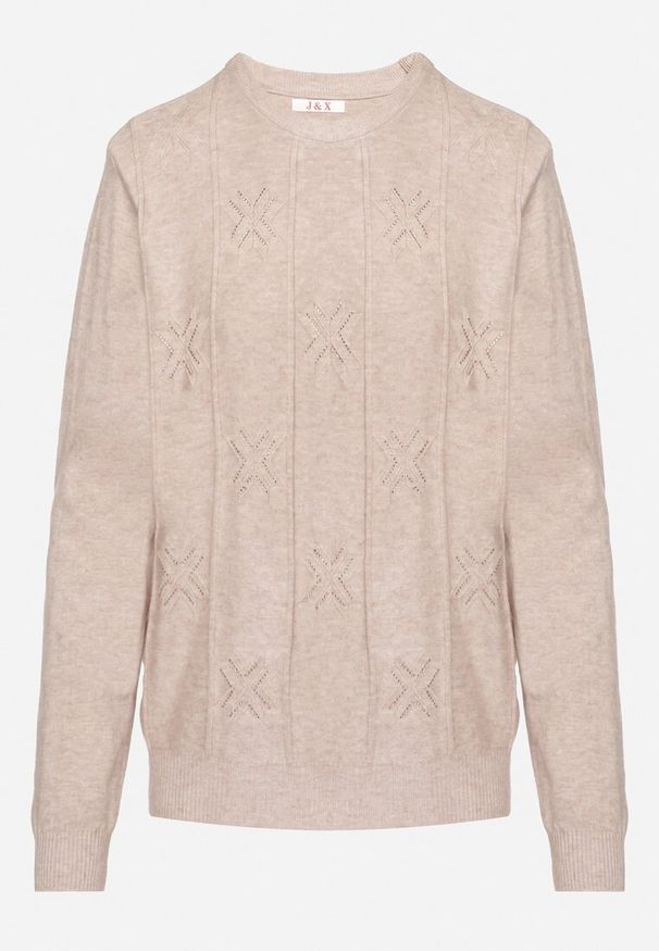 Born2be - Beżowy Sweter z Bawełną Ozdobiony Cyrkoniami Irinaelle. Okazja: na co dzień. Kolor: beżowy. Materiał: bawełna. Wzór: aplikacja. Styl: klasyczny, elegancki, casual
