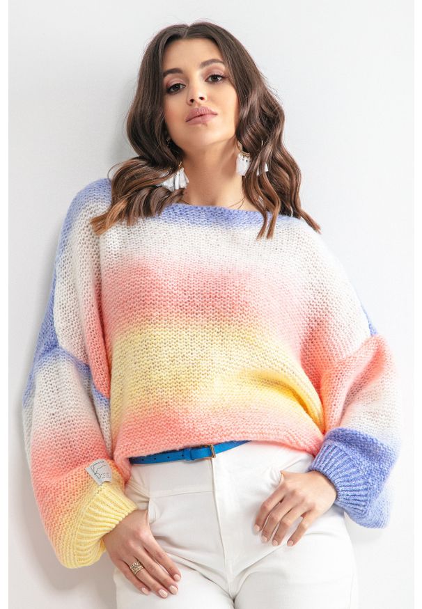 Fobya - Kolorowy sweter Oversize z Półokrągłym Dekoltem - Bird. Materiał: wełna, poliester, akryl, poliamid. Wzór: kolorowy