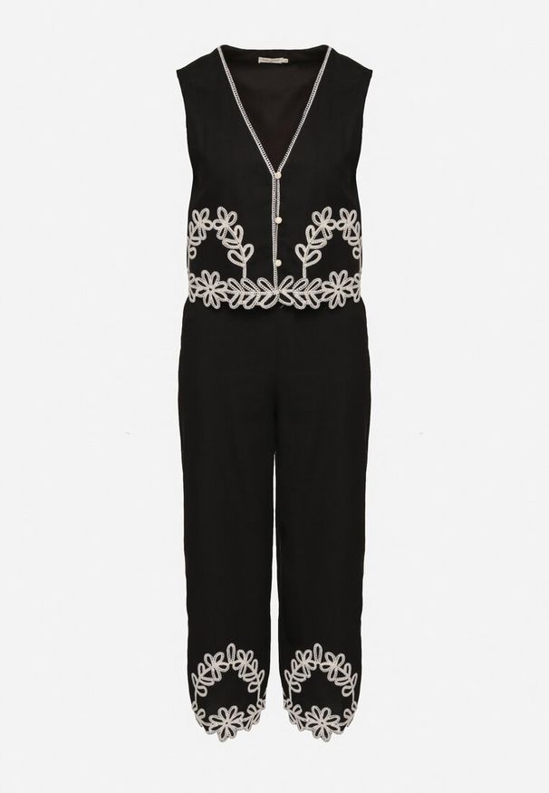 Born2be - Czarny Komplet z Bawełny Kamizelka i Spodnie Zdobione Haftem Sesitria. Kolor: czarny. Materiał: bawełna. Wzór: aplikacja, haft