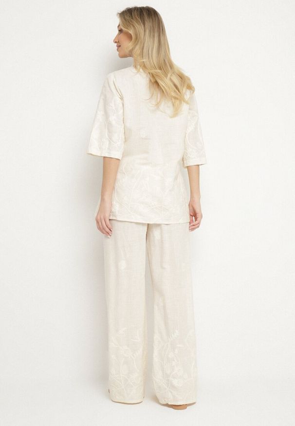 Born2be - Jasnobeżowy Bawełniany Komplet Koszula i Szerokie Spodnie Divarea. Kolor: beżowy. Materiał: bawełna. Wzór: aplikacja