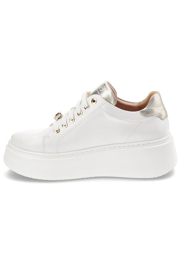Białe Sneakersy Libero Stylowe Obuwie Damskie Na Platformie. Okazja: na co dzień, do pracy. Kolor: biały. Materiał: skóra. Obcas: na platformie. Styl: elegancki