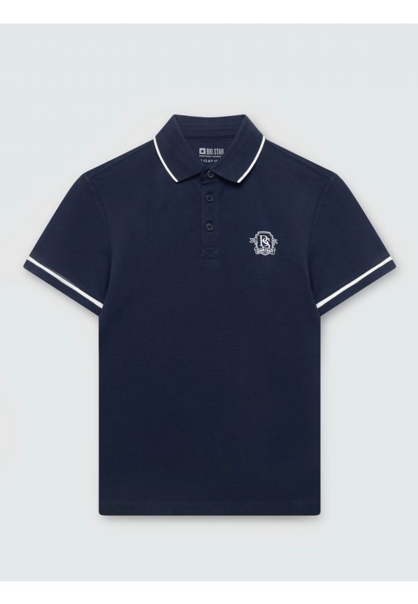 Big-Star - koszulka chłopięca z kontrastowym wykończeniem granatowa orion 403. Typ kołnierza: polo. Kolor: niebieski. Materiał: dresówka, bawełna, jeans, dzianina. Wzór: nadruk. Styl: sportowy, klasyczny