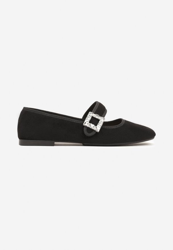 Born2be - Czarne Płaskie Balerinki na Rzep z Ozdobną Klamrą i Cyrkoniami Evaloren. Zapięcie: klamry. Kolor: czarny. Styl: elegancki