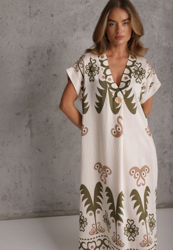 Renee - Zielona Sukienka z Wiskozy Oversize z Etnicznym Printem Caliara. Okazja: na co dzień. Kolor: zielony. Materiał: wiskoza. Wzór: nadruk. Typ sukienki: oversize. Styl: casual