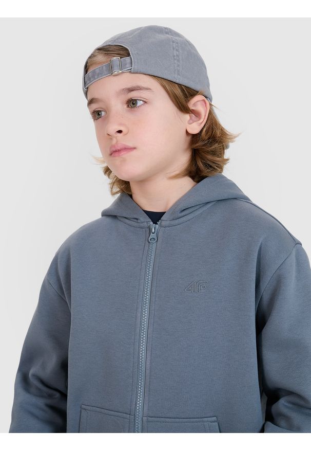 4f - 4F Bluza dresowa rozpinana z kapturem chłopięca - szara 152 (11-12 lat). Okazja: na co dzień. Typ kołnierza: kaptur. Kolor: szary. Materiał: dresówka. Wzór: ze splotem, gładki. Sezon: lato. Styl: casual, sportowy