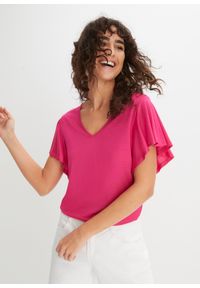 bonprix - Shirt z rękawami z falbanami. Kolor: różowy. Długość rękawa: krótki rękaw. Długość: krótkie #1