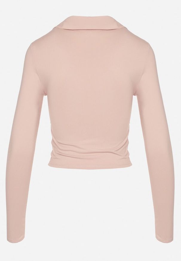 Born2be - Różowa Bluzka z Marszczeniem i Kołnierzykiem Amoessa. Okazja: na co dzień. Typ kołnierza: dekolt w kształcie V. Kolor: różowy. Materiał: jeans. Długość rękawa: długi rękaw. Długość: długie. Styl: elegancki, casual