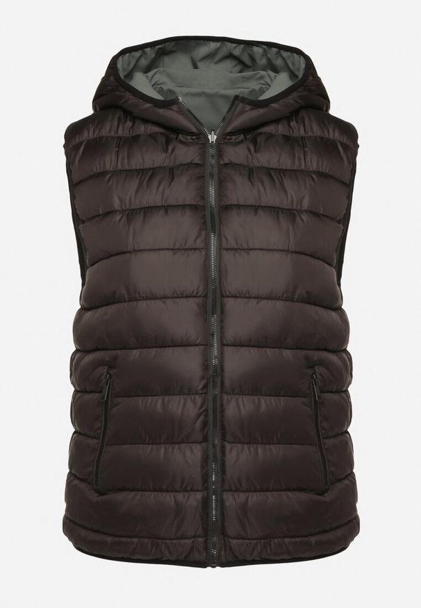 Born2be - Zielona Dwustronna Kamizelka z Kapturem Zdobiona Pikowanymi Przeszyciami Tuliona. Okazja: na spacer. Typ kołnierza: kaptur. Kolekcja: plus size. Kolor: zielony. Materiał: jeans. Wzór: aplikacja. Styl: elegancki