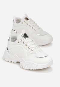 Renee - Białe Sznurowane Sneakersy z Metalicznym Wstawkami na Grubej Podeszwie Nadre. Nosek buta: okrągły. Kolor: biały. Wzór: aplikacja #4
