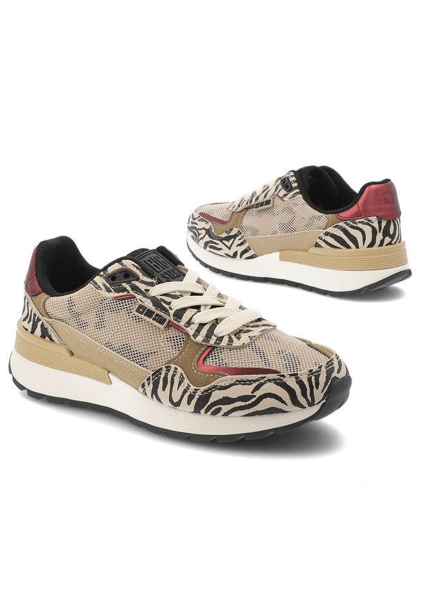 Big-Star - Sneakersy damskie Big Star, tekstylna siateczkowa cholewka zamszowe wstawki zwierzęcy wzór sznurowany fason gruba amortyzująca podeszwa, beżowe, TT27. Okazja: na co dzień. Zapięcie: sznurówki. Kolor: beżowy. Materiał: zamsz. Szerokość cholewki: normalna. Wzór: motyw zwierzęcy. Sport: turystyka piesza
