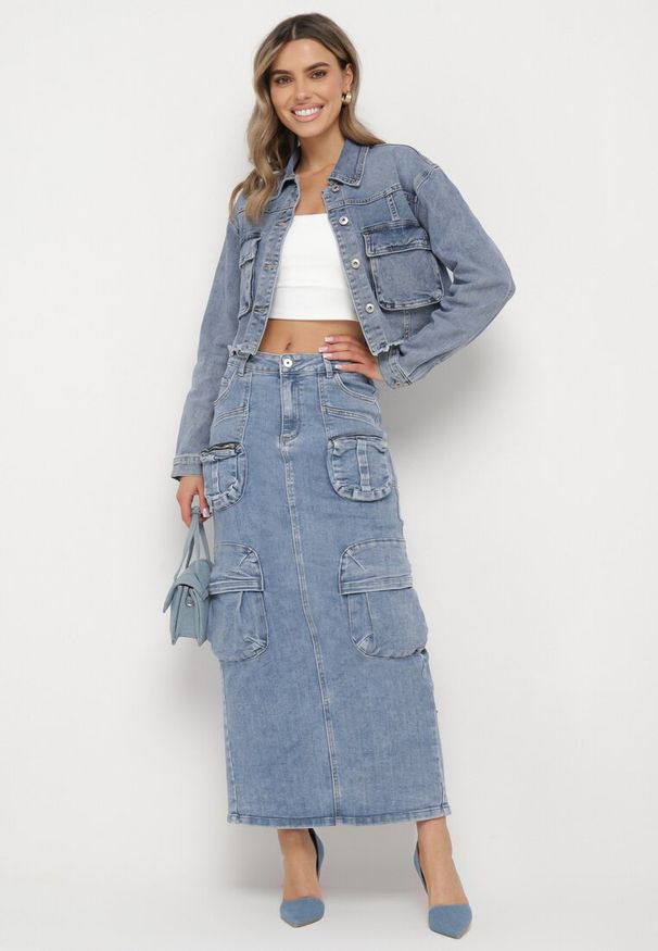 Born2be - Jasnoniebieska Bawełniana Spódnica Maxi Ołówkowa z Kieszeniami w Stylu Cargo Venille. Kolor: niebieski. Materiał: bawełna