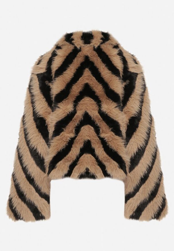 Born2be - Brązowo-Czarna Kurtka Typu Futerko w Paski Alinsse. Okazja: na studniówkę. Kolor: brązowy. Materiał: futro. Wzór: paski