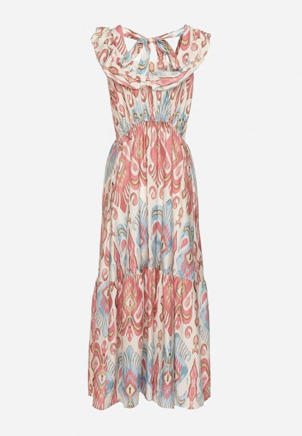 Born2be - Różowa Rozkloszowana Sukienka z Wiskozą Wiązana na Plecach w Print Boho Turielia. Okazja: na spacer. Kolor: różowy. Materiał: wiskoza. Długość rękawa: na ramiączkach. Wzór: nadruk. Sezon: lato. Styl: boho