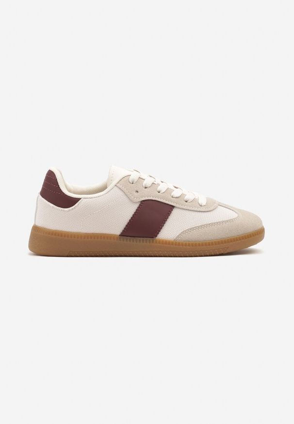 Renee - Beżowo-Bordowe Sneakersy Tenisówki w Kultowym Stylu Neolithaen. Okazja: na co dzień. Zapięcie: sznurówki. Kolor: biały. Materiał: jeans