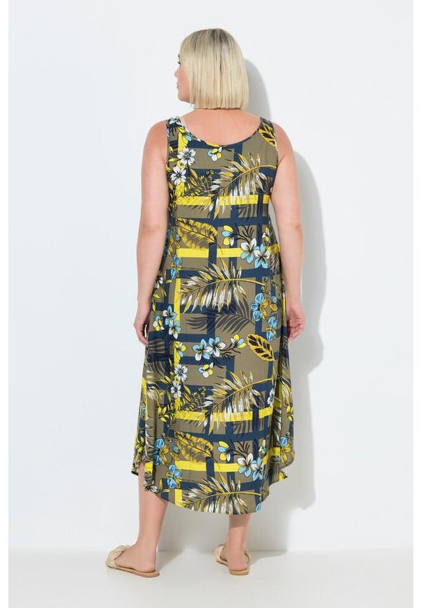 ULLA POPKEN - Damskie Sukienka midi motyw dżungli krój trapezowy okrągły dekolt bez rękawów. Kolekcja: plus size. Kolor: zielony. Materiał: wiskoza, materiał. Długość rękawa: bez rękawów. Typ sukienki: trapezowe. Styl: sportowy. Długość: midi