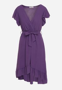 Born2be - Fioletowa Kopertowa Sukienka z Asymetrycznym Dołem Ozdobiona Falbanką z Paskiem w Talii Snidia. Okazja: na spacer, na co dzień. Kolor: fioletowy. Wzór: aplikacja. Sezon: lato. Typ sukienki: asymetryczne, kopertowe. Styl: klasyczny, casual, elegancki #2
