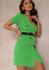 Renee - Zielona Sukienka z Paskiem Cythythia. Kolor: zielony. Materiał: materiał, dzianina, prążkowany. Długość rękawa: krótki rękaw. Wzór: aplikacja. Długość: mini